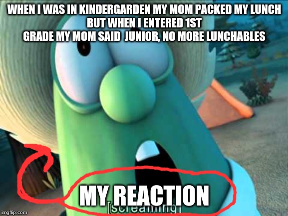 Veggie tales scream | WHEN I WAS IN KINDERGARDEN MY MOM PACKED MY LUNCH
BUT WHEN I ENTERED 1ST GRADE MY MOM SAID  JUNIOR, NO MORE LUNCHABLES; MY REACTION | image tagged in veggie tales scream | made w/ Imgflip meme maker