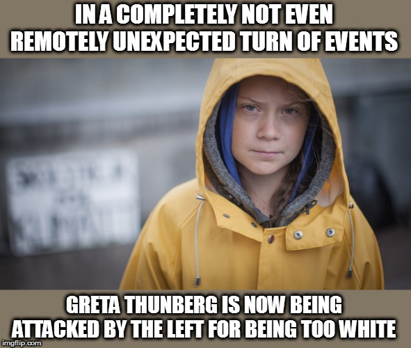 I guess her privilege is showing | IN A COMPLETELY NOT EVEN REMOTELY UNEXPECTED TURN OF EVENTS; GRETA THUNBERG IS NOW BEING ATTACKED BY THE LEFT FOR BEING TOO WHITE | image tagged in angry greta,the left is eating itself,memes,politics | made w/ Imgflip meme maker