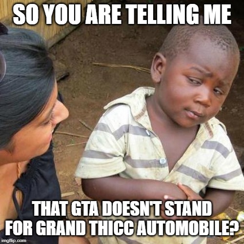 Third World Skeptical Kid Meme | SO YOU ARE TELLING ME; THAT GTA DOESN'T STAND FOR GRAND THICC AUTOMOBILE? | image tagged in memes,third world skeptical kid | made w/ Imgflip meme maker