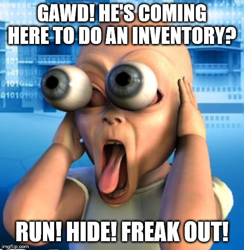 beautiful woman | GAWD! HE'S COMING HERE TO DO AN INVENTORY? RUN! HIDE! FREAK OUT! | image tagged in beautiful woman | made w/ Imgflip meme maker