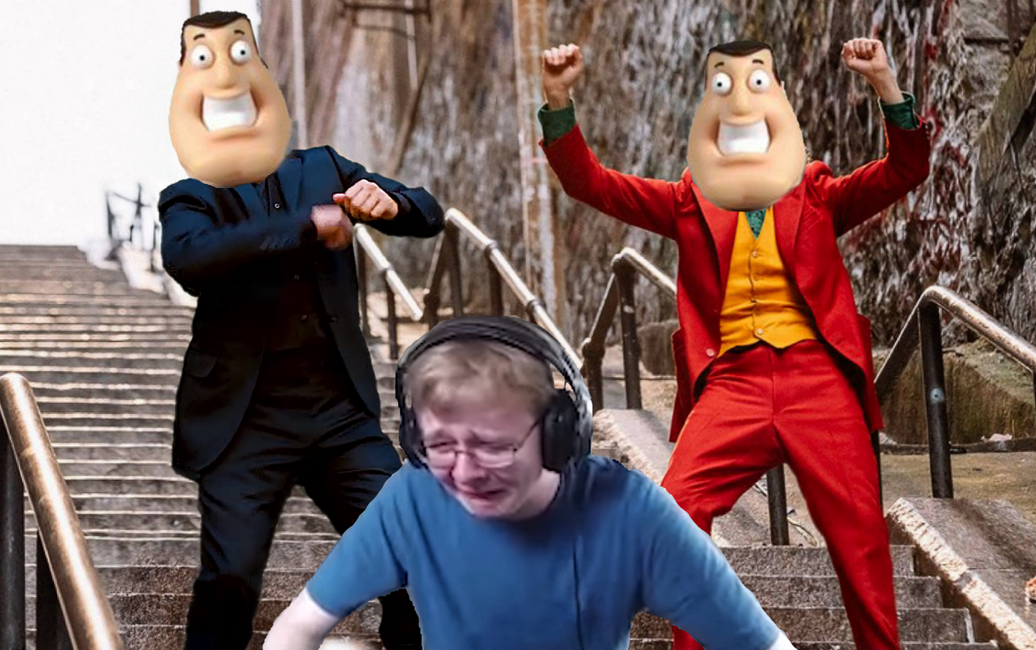 CallMeCarson Crying while Peter and Joker dance with Joe Swanson Blank Meme Template