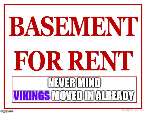 Vikings in the Basement |  VIKINGS MOVED IN ALREADY; NEVER MIND; VIKINGS | image tagged in basement apartment,vikings,minnesota vikings,in the basement | made w/ Imgflip meme maker