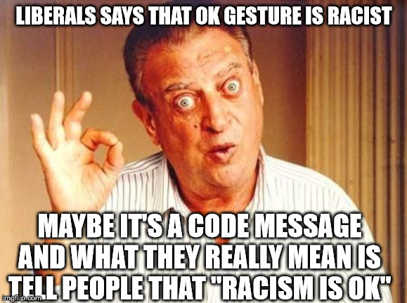 Rodney Dangerfield ok | LIBERALS SAYS THAT OK GESTURE IS RACIST; MAYBE IT'S A CODE MESSAGE AND WHAT THEY REALLY MEAN IS TELL PEOPLE THAT "RACISM IS OK" | image tagged in rodney dangerfield ok | made w/ Imgflip meme maker