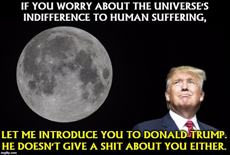 IF YOU WORRY ABOUT THE UNIVERSE'S INDIFFERENCE TO HUMAN SUFFERING, LET ME INTRODUCE YOU TO DONALD TRUMP. HE DOESN'T GIVE A SHIT ABOUT YOU EITHER. | image tagged in universe,suffering,indifference,trump | made w/ Imgflip meme maker
