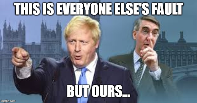 Everyone else's fault Part 2 | THIS IS EVERYONE ELSE'S FAULT; BUT OURS... | image tagged in boris johnson,rees-mogg,uk politics | made w/ Imgflip meme maker