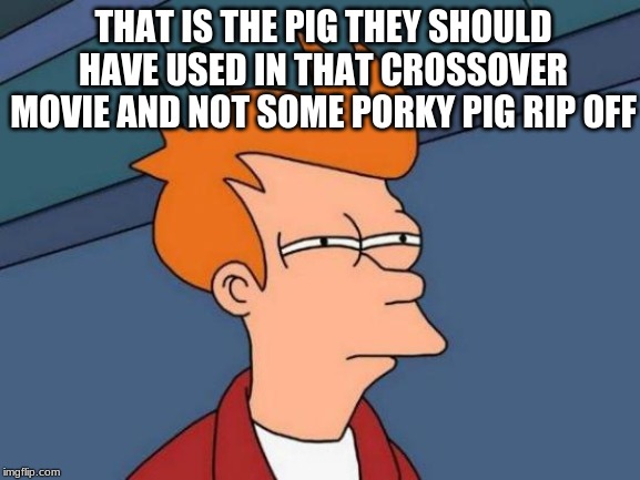 Futurama Fry Meme | THAT IS THE PIG THEY SHOULD HAVE USED IN THAT CROSSOVER MOVIE AND NOT SOME PORKY PIG RIP OFF | image tagged in memes,futurama fry | made w/ Imgflip meme maker