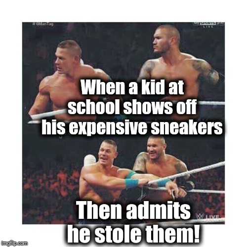 What's the point of bragging how expensive your shoes are if you didn't even buy them? | When a kid at school shows off his expensive sneakers; Then admits he stole them! | image tagged in dumb | made w/ Imgflip meme maker