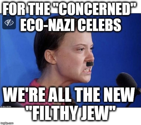 Greta, the Eco-Nazi | FOR THE "CONCERNED" 
ECO-NAZI CELEBS; WE'RE ALL THE NEW 
"FILTHY JEW" | image tagged in eco-nazis,globalism,un 2030 genocide,climate change religion,climate change genocides,greta eco nazi | made w/ Imgflip meme maker