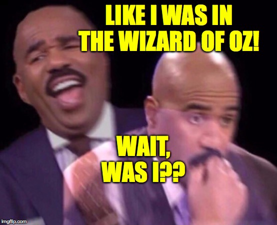 Steve Harvey Laughing Serious | LIKE I WAS IN THE WIZARD OF OZ! WAIT, WAS I?? | image tagged in steve harvey laughing serious | made w/ Imgflip meme maker