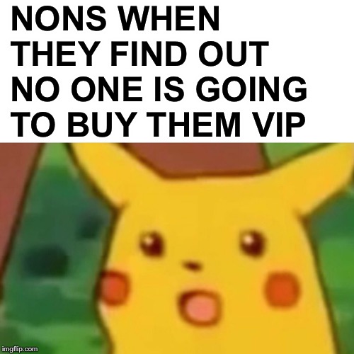 Surprised Pikachu | NONS WHEN THEY FIND OUT NO ONE IS GOING TO BUY THEM VIP | image tagged in memes,surprised pikachu | made w/ Imgflip meme maker