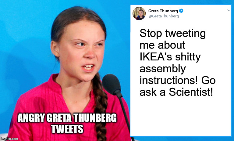 Angry Greta Thunberg Tweets | Stop tweeting me about IKEA's shitty assembly instructions! Go ask a Scientist! ANGRY GRETA THUNBERG
TWEETS | image tagged in angry greta thunberg mega brat tweet | made w/ Imgflip meme maker