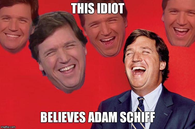 Tucker laughs at libs | THIS IDIOT BELIEVES ADAM SCHIFF | image tagged in tucker laughs at libs | made w/ Imgflip meme maker