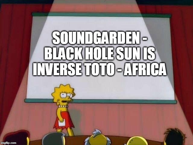 Lisa Simpson's Presentation |  SOUNDGARDEN - BLACK HOLE SUN IS INVERSE TOTO - AFRICA | image tagged in lisa simpson's presentation | made w/ Imgflip meme maker