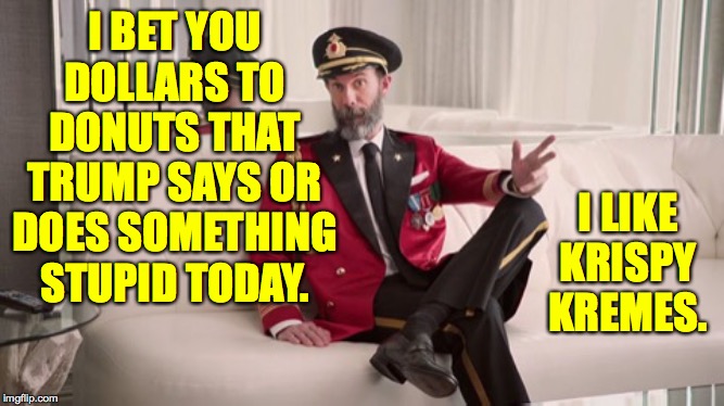 Anybody?  Anybody? | I BET YOU DOLLARS TO DONUTS THAT TRUMP SAYS OR DOES SOMETHING STUPID TODAY. I LIKE KRISPY KREMES. | image tagged in captain obvious explains it,memes,krispy kreme,trump,anybody | made w/ Imgflip meme maker