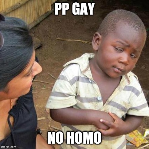 Third World Skeptical Kid | PP GAY; NO HOMO | image tagged in memes,third world skeptical kid | made w/ Imgflip meme maker