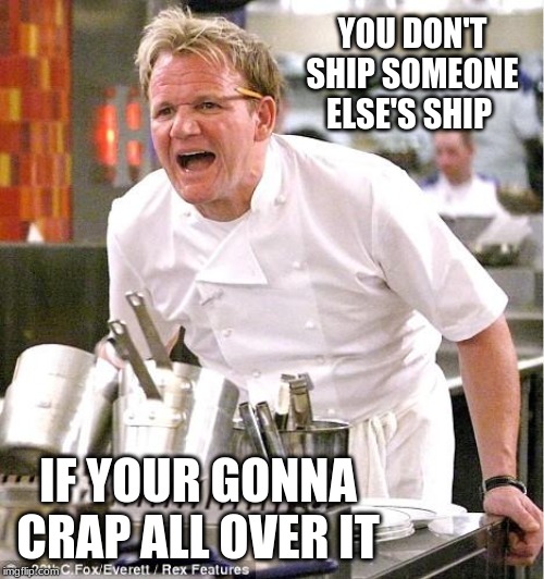Chef Gordon Ramsay | YOU DON'T SHIP SOMEONE ELSE'S SHIP; IF YOUR GONNA CRAP ALL OVER IT | image tagged in memes,chef gordon ramsay | made w/ Imgflip meme maker