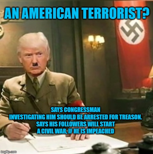 Trump nazi  | AN AMERICAN TERRORIST? SAYS CONGRESSMAN INVESTIGATING HIM SHOULD BE ARRESTED FOR TREASON.

SAYS HIS FOLLOWERS WILL START A CIVIL WAR, IF HE IS IMPEACHED | image tagged in trump nazi | made w/ Imgflip meme maker