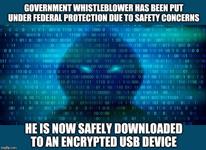 Whistleblowers source most likely sophisticated spyware | GOVERNMENT WHISTLEBLOWER HAS BEEN PUT UNDER FEDERAL PROTECTION DUE TO SAFETY CONCERNS; HE IS NOW SAFELY DOWNLOADED TO AN ENCRYPTED USB DEVICE | image tagged in whistleblower,trump impeachment | made w/ Imgflip meme maker