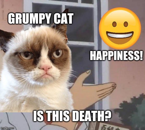 GRUMPY CAT; HAPPINESS! IS THIS DEATH? | image tagged in is this a pigeon,grumpy cat,sadness,demotivationals | made w/ Imgflip meme maker