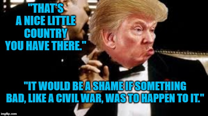 Mafia Don | "THAT'S A NICE LITTLE COUNTRY YOU HAVE THERE."; "IT WOULD BE A SHAME IF SOMETHING BAD, LIKE A CIVIL WAR, WAS TO HAPPEN TO IT." | image tagged in politics | made w/ Imgflip meme maker