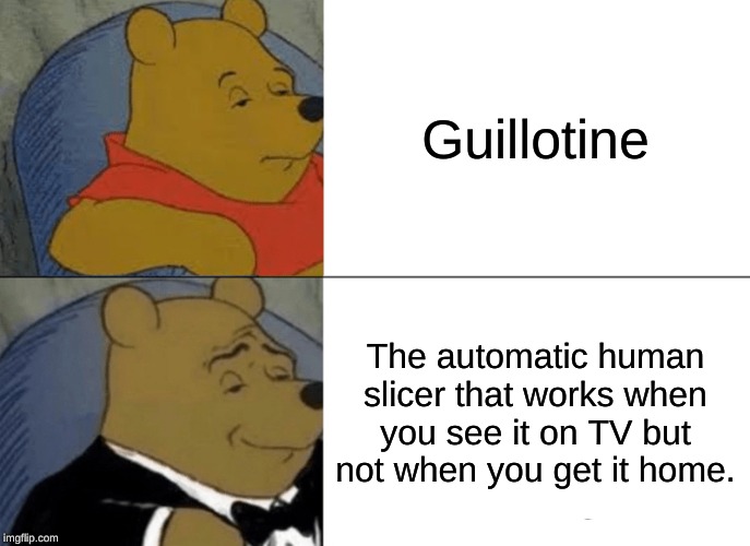 Tuxedo Winnie The Pooh | Guillotine; The automatic human slicer that works when you see it on TV but not when you get it home. | image tagged in memes,tuxedo winnie the pooh,guillotine,french revolution | made w/ Imgflip meme maker