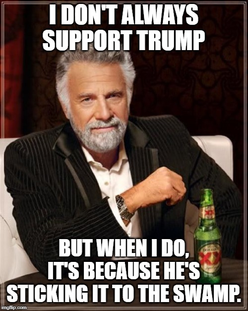 The Most Interesting Man In The World Meme | I DON'T ALWAYS SUPPORT TRUMP BUT WHEN I DO, IT'S BECAUSE HE'S STICKING IT TO THE SWAMP. | image tagged in memes,the most interesting man in the world | made w/ Imgflip meme maker