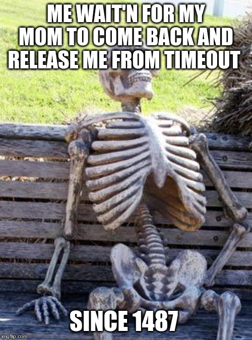 Waiting Skeleton | ME WAIT'N FOR MY MOM TO COME BACK AND RELEASE ME FROM TIMEOUT; SINCE 1487 | image tagged in memes,waiting skeleton | made w/ Imgflip meme maker
