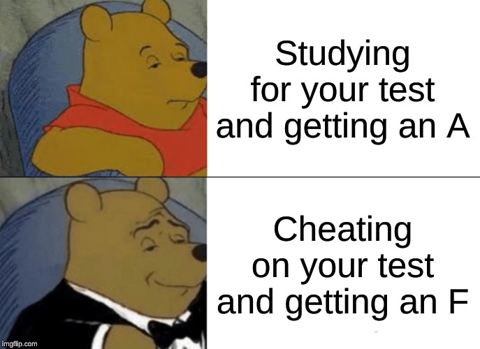 Tuxedo Winnie The Pooh Meme | Studying for your test and getting an A; Cheating on your test and getting an F | image tagged in memes,tuxedo winnie the pooh | made w/ Imgflip meme maker