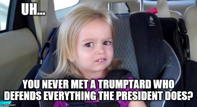 wtf girl | UH... YOU NEVER MET A TRUMPTARD WHO DEFENDS EVERYTHING THE PRESIDENT DOES? | image tagged in wtf girl | made w/ Imgflip meme maker