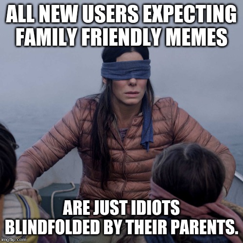Bird Box | ALL NEW USERS EXPECTING FAMILY FRIENDLY MEMES; ARE JUST IDIOTS BLINDFOLDED BY THEIR PARENTS. | image tagged in memes,bird box | made w/ Imgflip meme maker