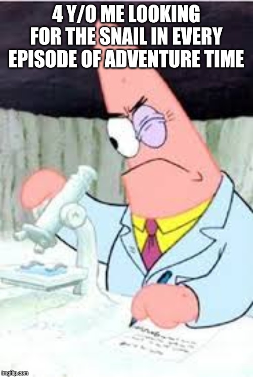 The Truth about your childhood | 4 Y/O ME LOOKING FOR THE SNAIL IN EVERY EPISODE OF ADVENTURE TIME | image tagged in patrick star | made w/ Imgflip meme maker