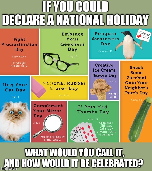 IF YOU COULD DECLARE A NATIONAL HOLIDAY; WHAT WOULD YOU CALL IT,  AND HOW WOULD IT BE CELEBRATED? | made w/ Imgflip meme maker