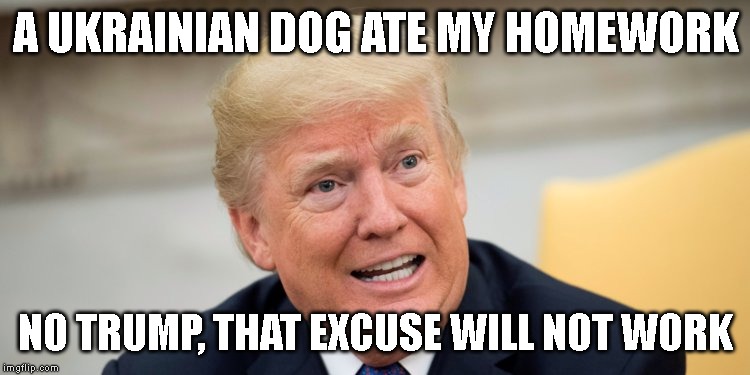 Trump's Impeachment Defense | A UKRAINIAN DOG ATE MY HOMEWORK; NO TRUMP, THAT EXCUSE WILL NOT WORK | image tagged in impeach trump,impeach,impeachment,trump impeachment,ukraine,donald trump is an idiot | made w/ Imgflip meme maker