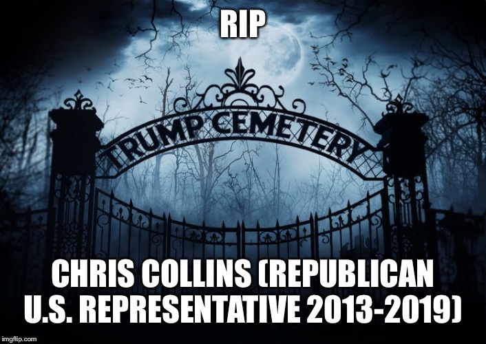 RIP Chris Collins | RIP; CHRIS COLLINS (REPUBLICAN U.S. REPRESENTATIVE 2013-2019) | image tagged in rip,chris collins,inside trading,resignation,republican crook,donald trump | made w/ Imgflip meme maker