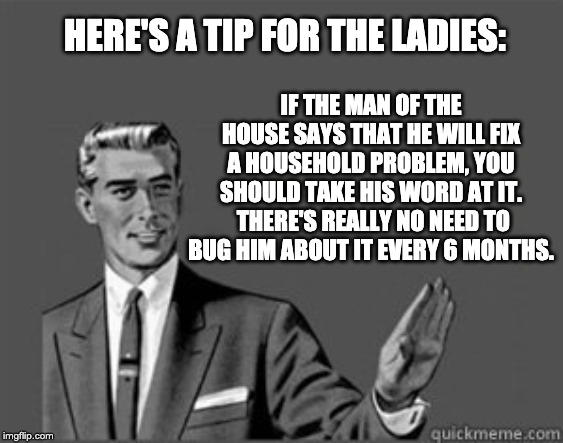 It's true! | IF THE MAN OF THE HOUSE SAYS THAT HE WILL FIX A HOUSEHOLD PROBLEM, YOU SHOULD TAKE HIS WORD AT IT.  THERE'S REALLY NO NEED TO BUG HIM ABOUT IT EVERY 6 MONTHS. HERE'S A TIP FOR THE LADIES: | image tagged in men and women | made w/ Imgflip meme maker