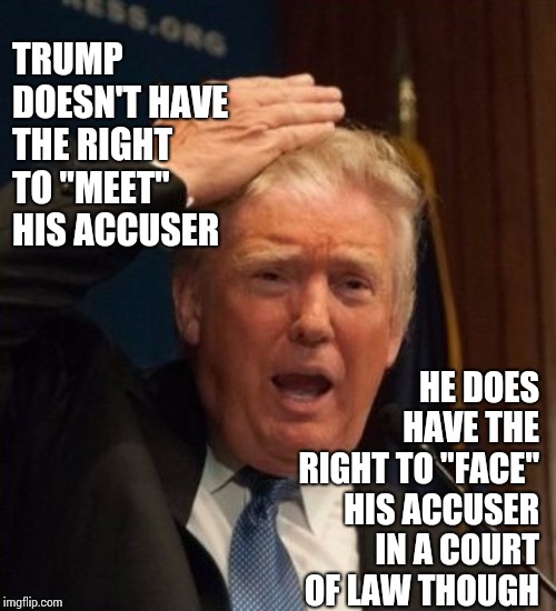 Twist And Shout | TRUMP DOESN'T HAVE THE RIGHT TO "MEET" HIS ACCUSER; HE DOES HAVE THE RIGHT TO "FACE" HIS ACCUSER IN A COURT OF LAW THOUGH | image tagged in trump confused,trump unfit unqualified dangerous,lock him up,liar in chief,obstruction of justice,conspiracy | made w/ Imgflip meme maker