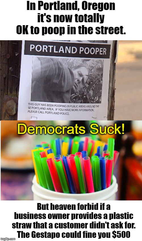 Poop is OK if it doesn't come with a straw. | In Portland, Oregon it's now totally OK to poop in the street. Democrats Suck! But heaven forbid if a business owner provides a plastic straw that a customer didn't ask for.
The Gestapo could fine you $500 | image tagged in portland or,plastic straws,gestapo democrats,kate brown | made w/ Imgflip meme maker