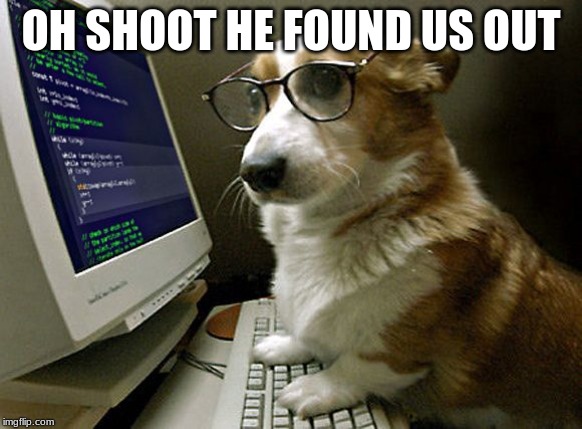 corgi hacker | OH SHOOT HE FOUND US OUT | image tagged in corgi hacker | made w/ Imgflip meme maker