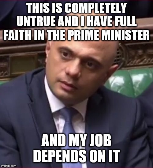 Sajid | THIS IS COMPLETELY UNTRUE AND I HAVE FULL FAITH IN THE PRIME MINISTER; AND MY JOB DEPENDS ON IT | image tagged in sajid | made w/ Imgflip meme maker