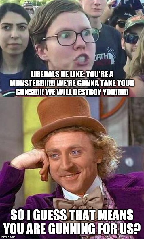 Trigger warning. Pun intended. | LIBERALS BE LIKE: YOU'RE A MONSTER!!!!!!! WE'RE GONNA TAKE YOUR GUNS!!!!! WE WILL DESTROY YOU!!!!!! SO I GUESS THAT MEANS YOU ARE GUNNING FOR US? | image tagged in creepy condescending wonka,triggered liberal,stupid liberals,crying liberals,2nd amendment,guns | made w/ Imgflip meme maker