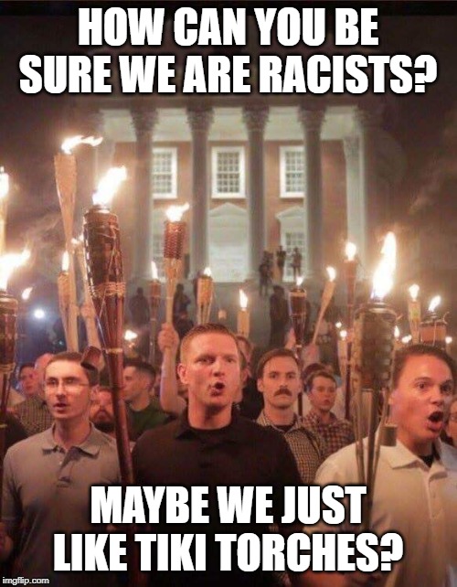 Tiki torch racist | HOW CAN YOU BE SURE WE ARE RACISTS? MAYBE WE JUST LIKE TIKI TORCHES? | image tagged in tiki torch racist | made w/ Imgflip meme maker