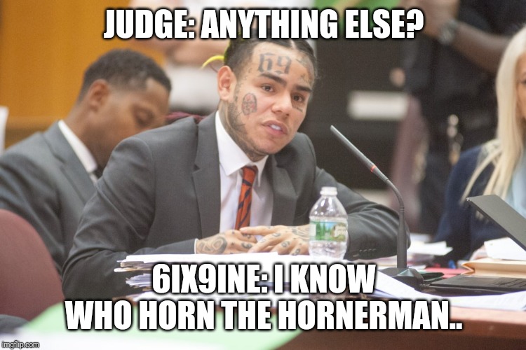 Tekashi 6ix9ine testifies | JUDGE: ANYTHING ELSE? 6IX9INE: I KNOW WHO HORN THE HORNERMAN.. | image tagged in tekashi 6ix9ine testifies | made w/ Imgflip meme maker