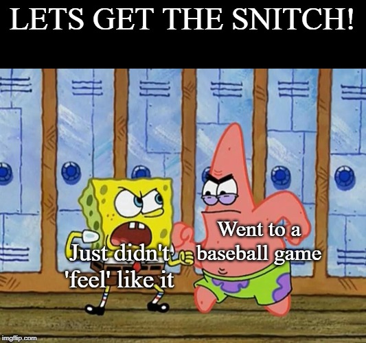 SpongeBob And Patrick Fighting | LETS GET THE SNITCH! Went to a baseball game Just didn't 'feel' like it | image tagged in spongebob and patrick fighting | made w/ Imgflip meme maker
