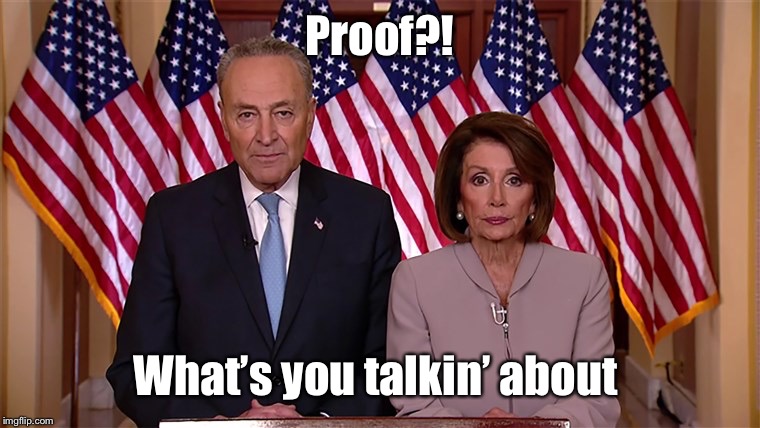 Pelosi and Schumer | Proof?! What’s you talkin’ about | image tagged in pelosi and schumer | made w/ Imgflip meme maker