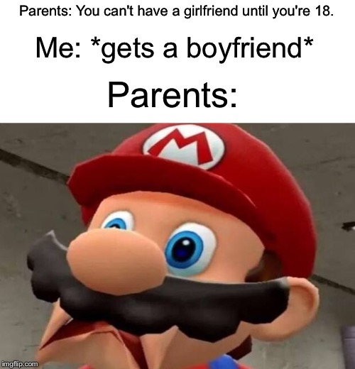 Homophobic Parents When Kid Is Gay |  Parents: You can't have a girlfriend until you're 18. Me: *gets a boyfriend*; Parents: | image tagged in mario wtf,im gay,parents,girlfriend,boyfriend | made w/ Imgflip meme maker