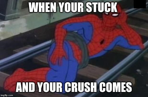 Sexy Railroad Spiderman Meme | WHEN YOUR STUCK; AND YOUR CRUSH COMES | image tagged in memes,sexy railroad spiderman,spiderman | made w/ Imgflip meme maker