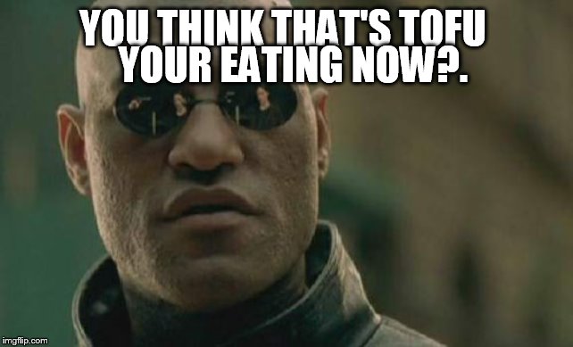 Matrix Morpheus Meme | YOU THINK THAT'S TOFU YOUR EATING NOW?. | image tagged in memes,matrix morpheus | made w/ Imgflip meme maker