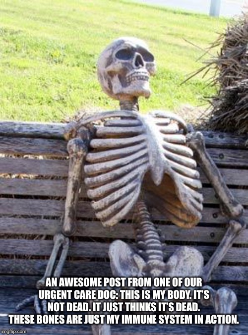Waiting Skeleton Meme | AN AWESOME POST FROM ONE OF OUR URGENT CARE DOC: THIS IS MY BODY. IT’S NOT DEAD. IT JUST THINKS IT’S DEAD. THESE BONES ARE JUST MY IMMUNE SYSTEM IN ACTION. | image tagged in memes,waiting skeleton | made w/ Imgflip meme maker