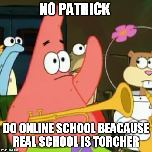 No Patrick Meme | NO PATRICK; DO ONLINE SCHOOL BEACAUSE REAL SCHOOL IS TORCHER | image tagged in memes,no patrick | made w/ Imgflip meme maker