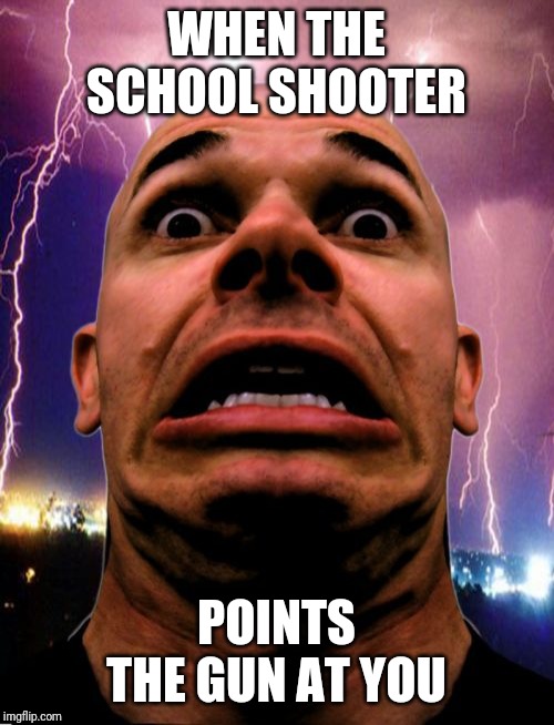 Memeo | WHEN THE SCHOOL SHOOTER; POINTS THE GUN AT YOU | image tagged in memes,memeo | made w/ Imgflip meme maker